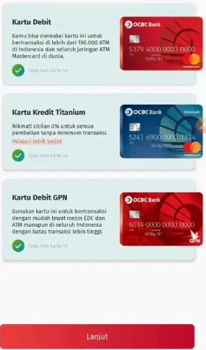 memilih kartu debit dan kredit NISP ONe Mobile